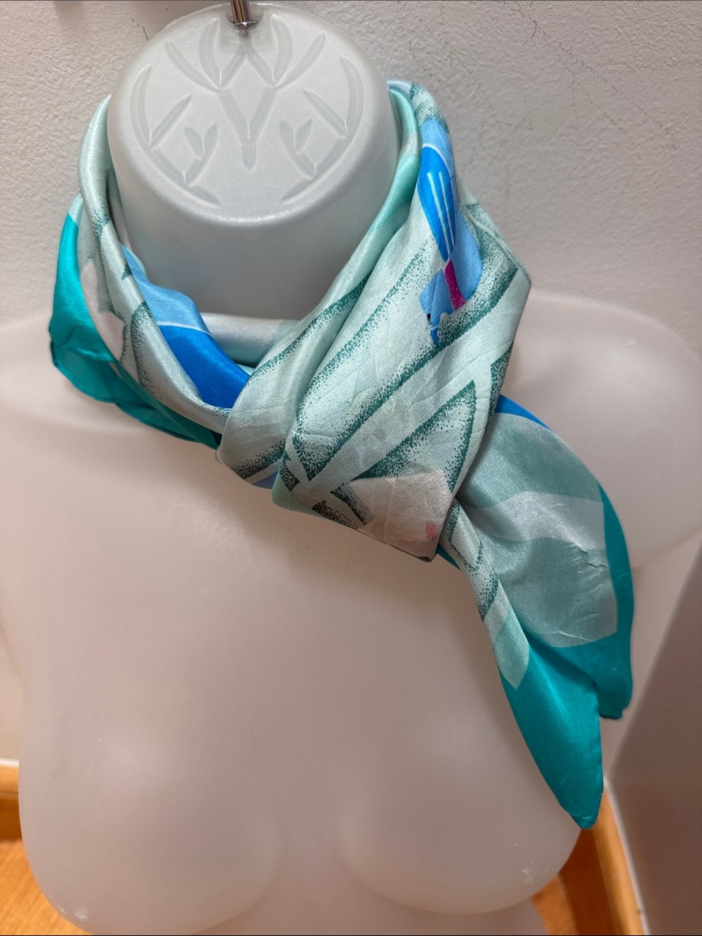 VTG Abstract Art Deco Avian Bird Flowy Silk Scarf Teal Waves Trees Square Retro - Picture 6 of 14